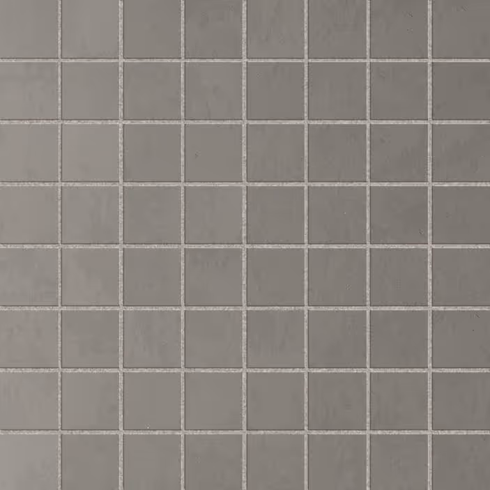 Square grey mosaic tiles arranged in a grid pattern with visible grout lines.