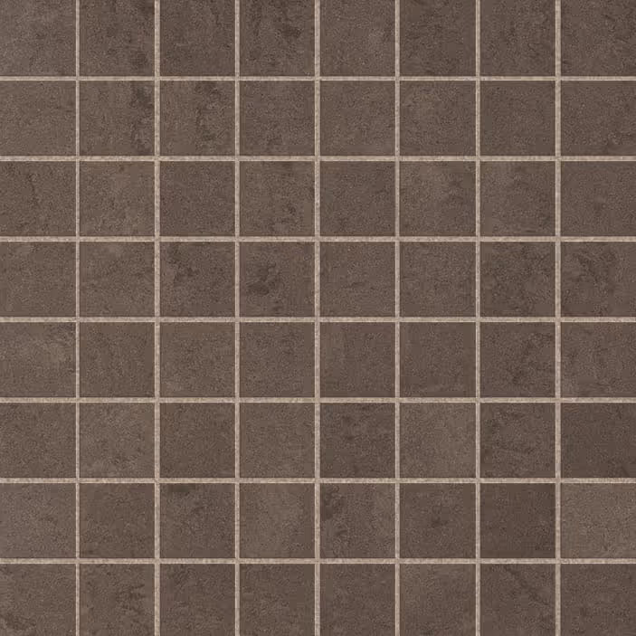 Square mosaic tiles in varying shades of dark gray and brown with light grout lines.