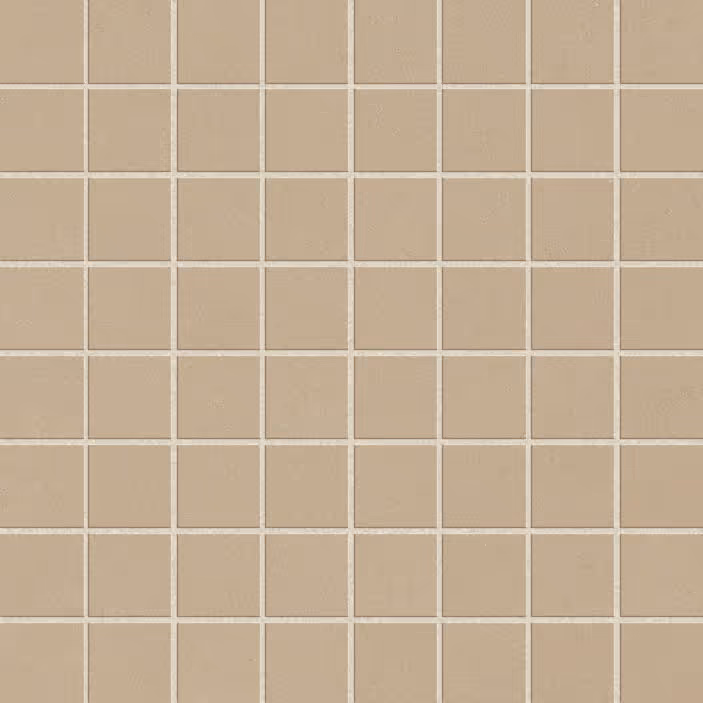 Grid of square beige mosaic tiles with white grout lines.