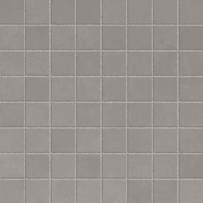 Grid of worn grey square tiles with grout lines in a regular pattern.