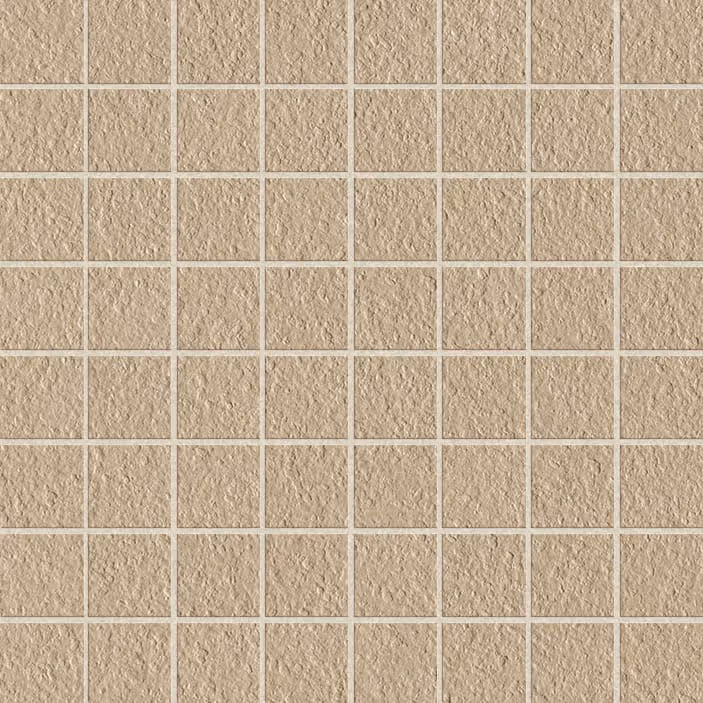 Beige square mosaic tiles with a textured surface arranged in a grid pattern.