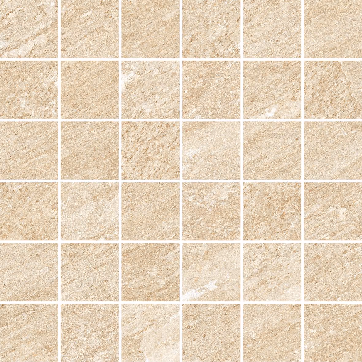 Beige textured stone tiles arranged in a grid pattern with white grout lines.