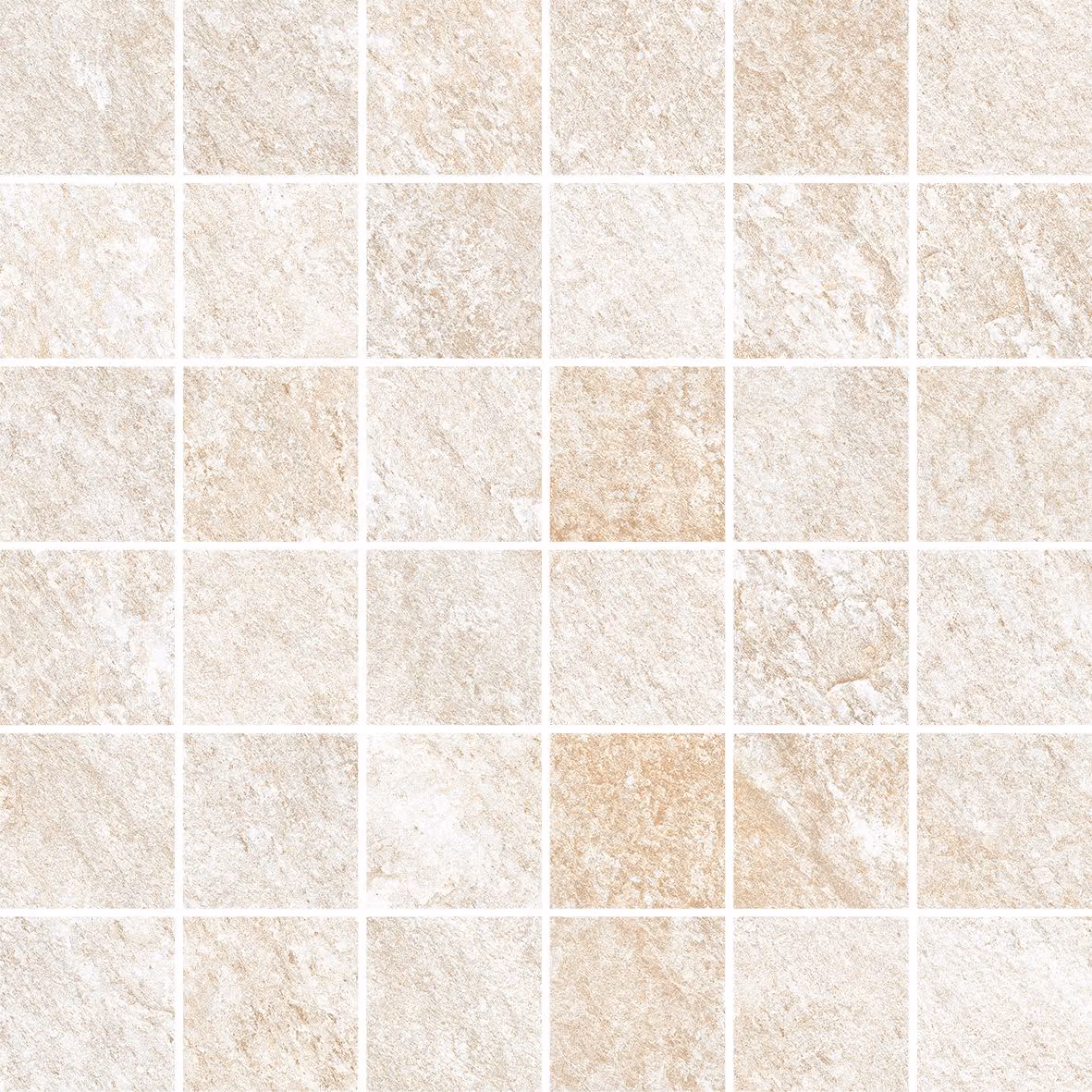 Light beige mosaic tiling pattern with square tiles featuring a natural stone texture.