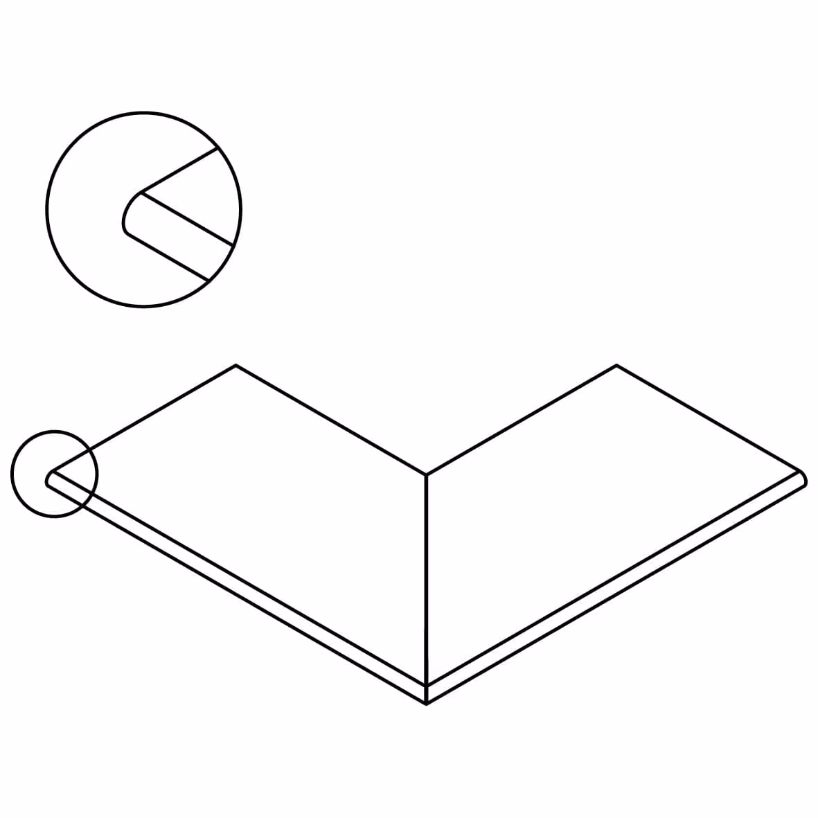 Line drawing of a bullnose outer corner tile with zoomed-in detail of the rounded edge.