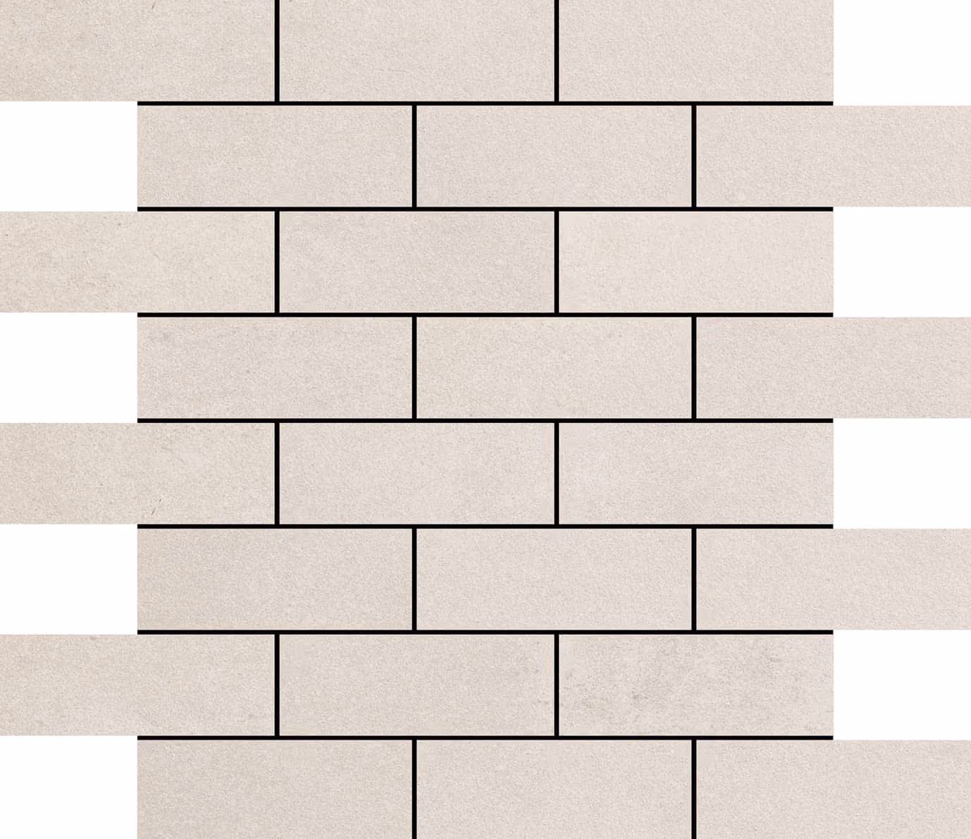 Pattern of beige rectangular bricks arranged in staggered rows with black grout lines.