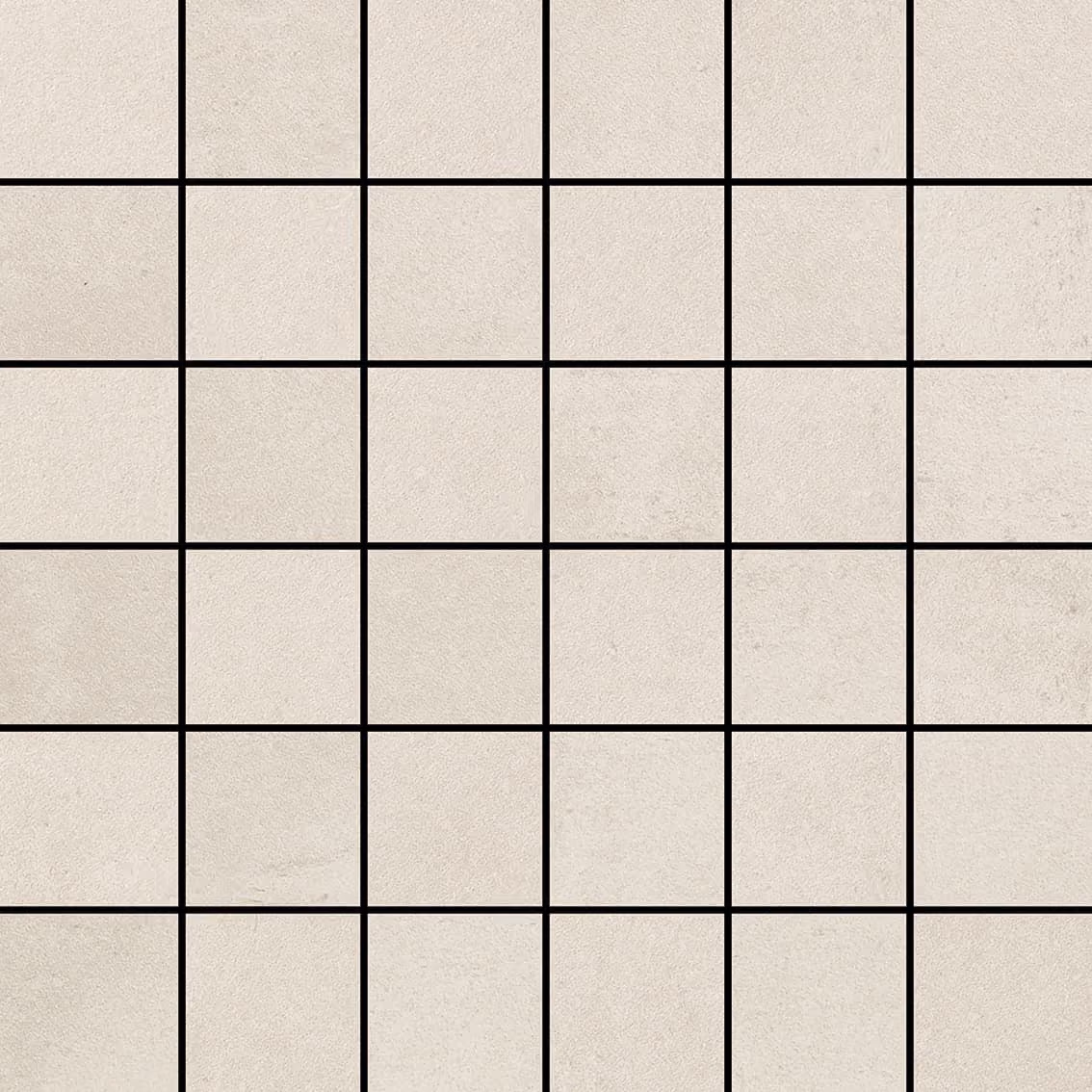 Grid of square beige tiles with slight texture and black grout lines forming a mosaic pattern.