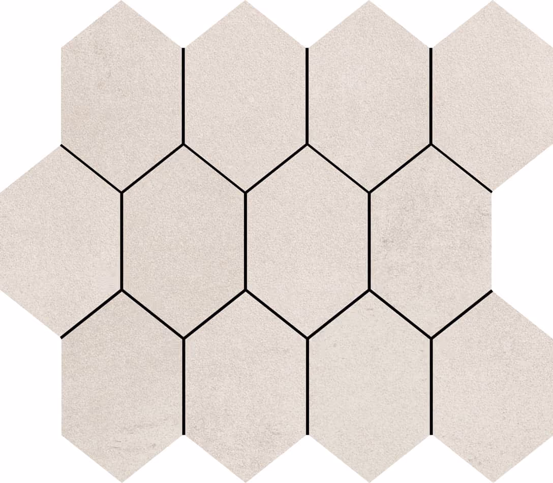Light beige hexagonal stone tiles arranged in a honeycomb pattern with black grout lines.