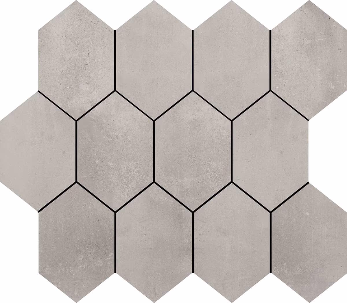 Light gray hexagon-shaped tiles arranged in a honeycomb pattern with visible grout lines.