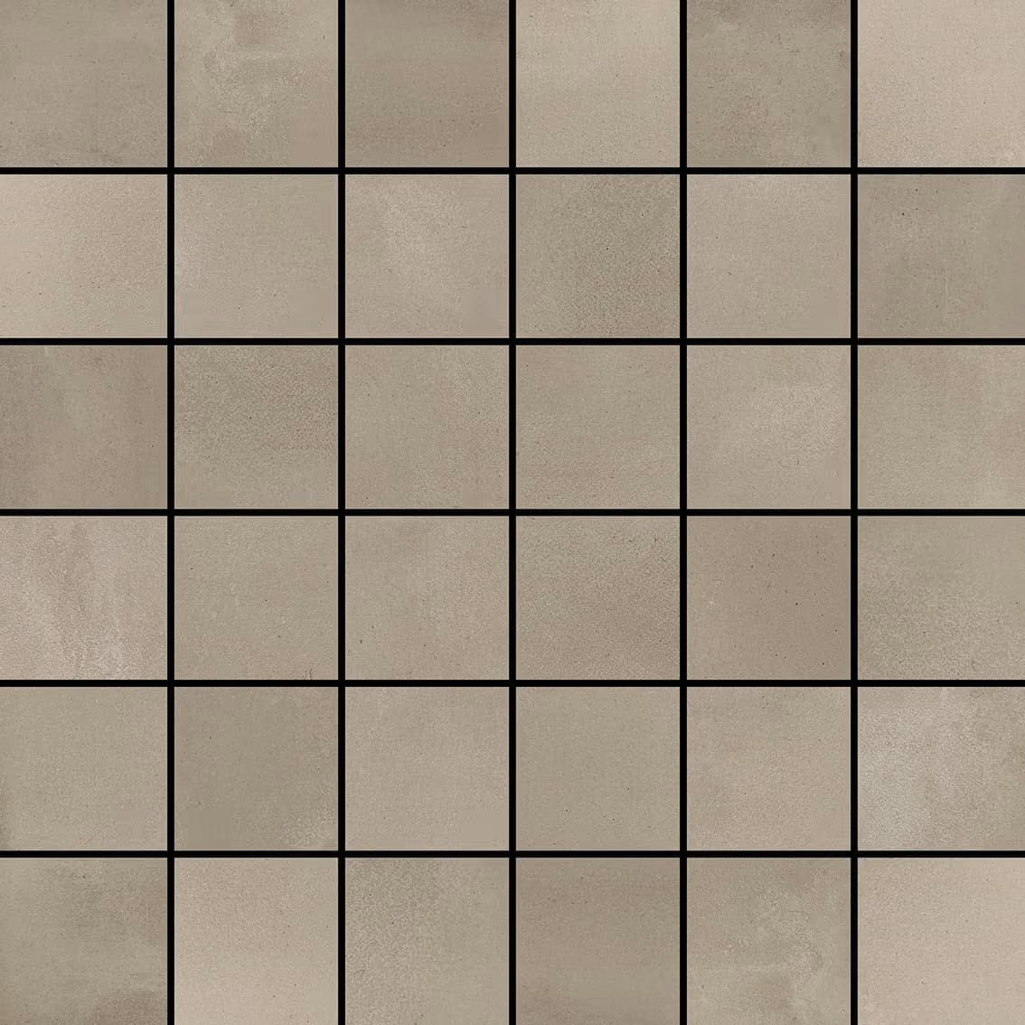 Grid of 36 beige square tiles with subtle texture and thin black grout lines.