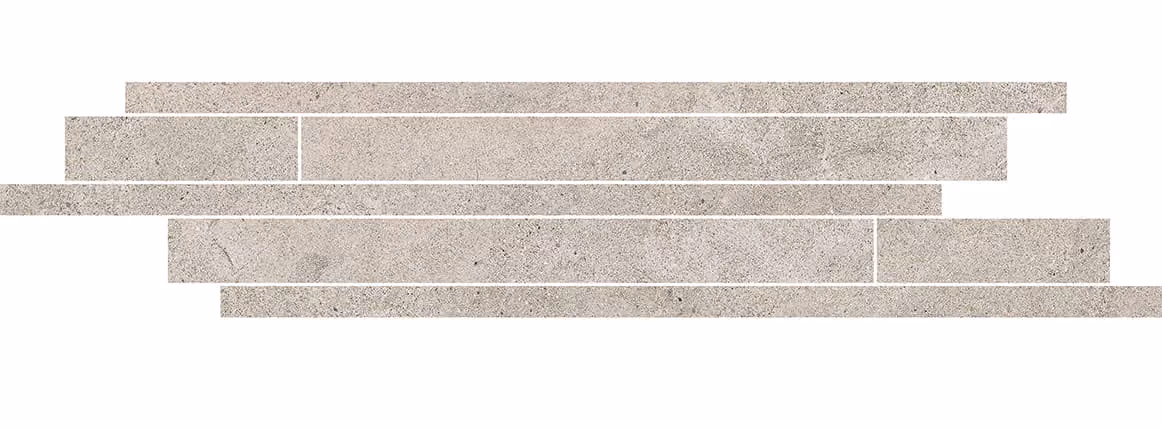 Light gray stone tile strips arranged staggered on a white background.