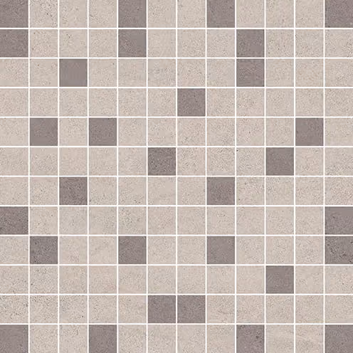 Pattern of small square tiles in shades of gray and beige arranged in a mosaic design.