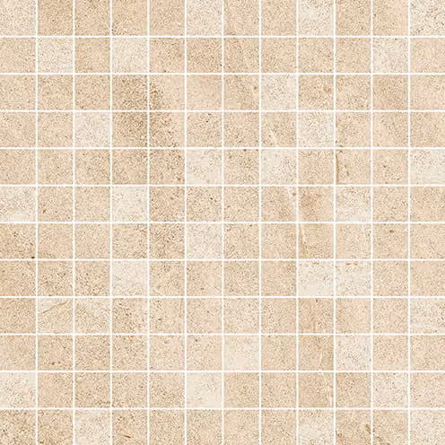 Beige mosaic tile pattern with small square tiles in varied light tones and textures.