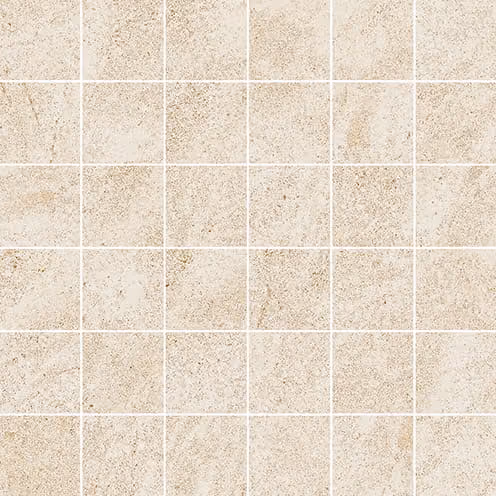 Beige stone mosaic tiles arranged in a 5x5 grid with subtle texture variations.