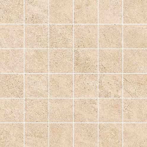 Beige mosaic tile grid with subtle natural stone texture in square patterns.