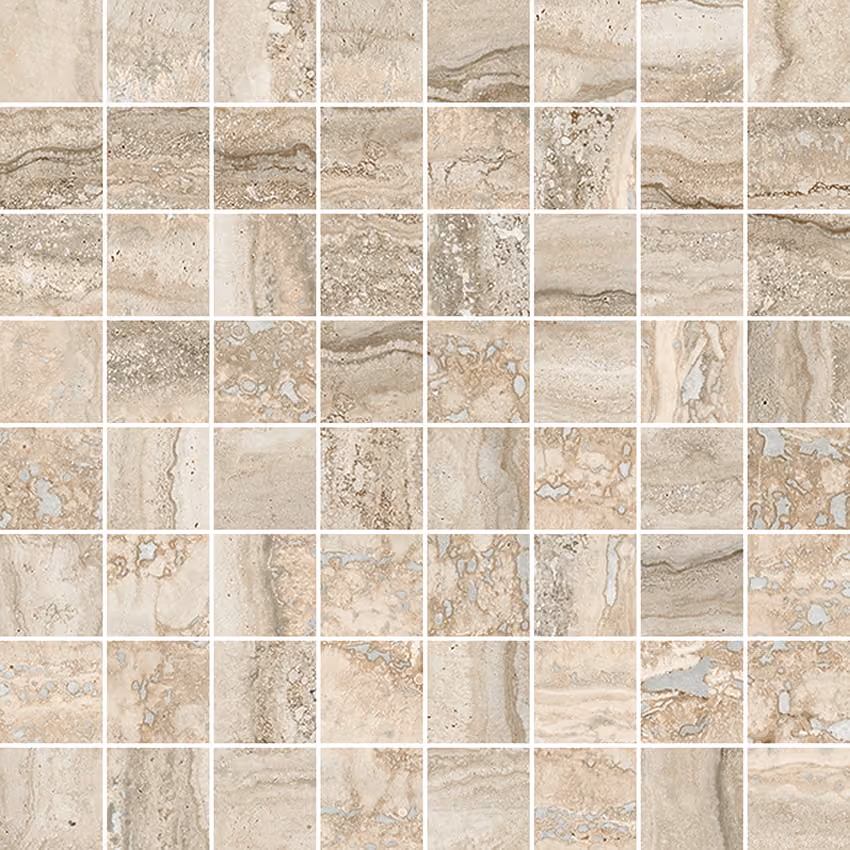 Beige and light brown mosaic tiles with natural travertine stone patterns arranged in a grid.