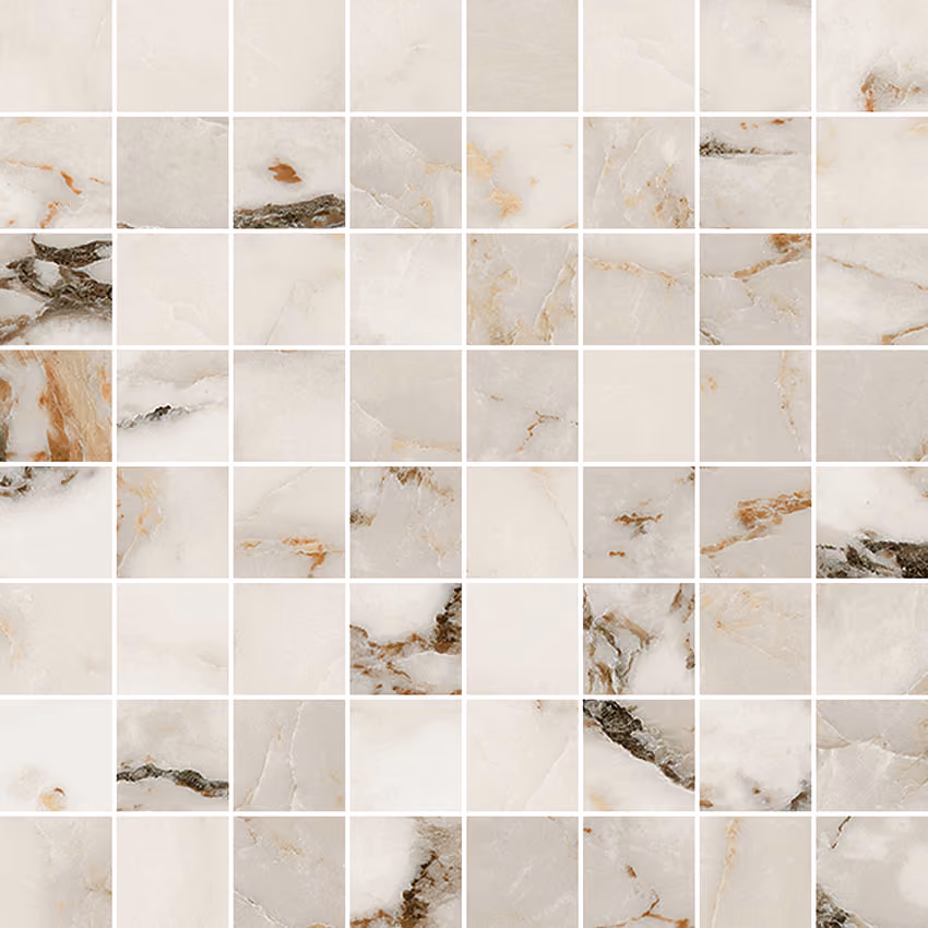 Mosaic of beige and brown marble tiles with natural veining patterns.