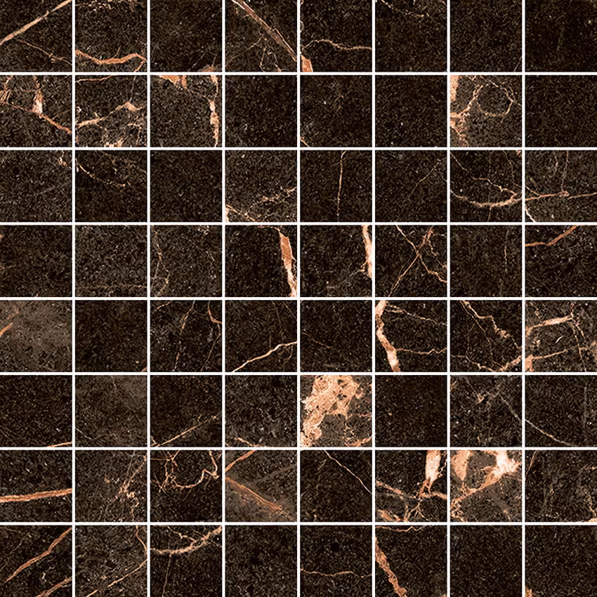 Grid of dark brown marble tiles with light brown and beige veining forming a mosaic pattern.