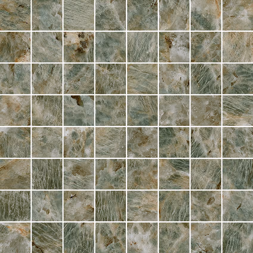 Mosaic tiles featuring green and beige amazonite stone with natural texture and veining.