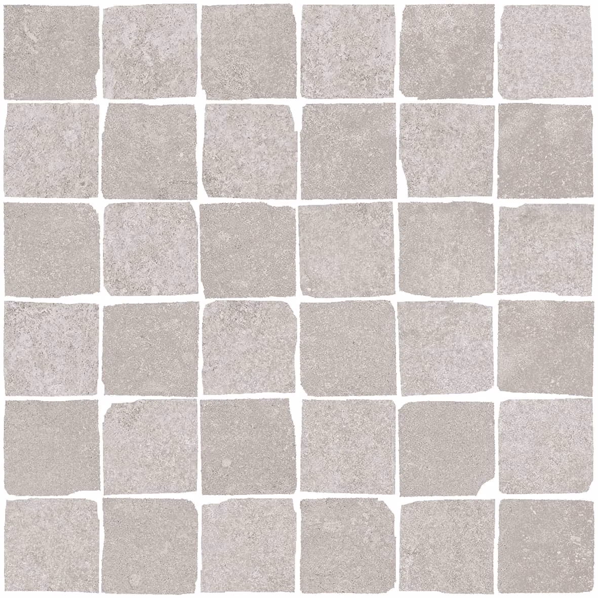 Square stone tiles in light gray with rough edges arranged in a grid pattern with white grout lines.