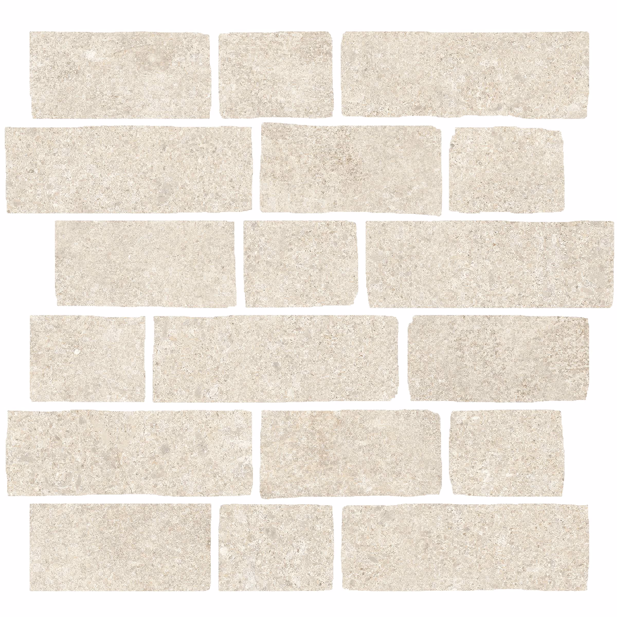 Pattern of light gray rectangular stones arranged like a brick wall with white mortar gaps.