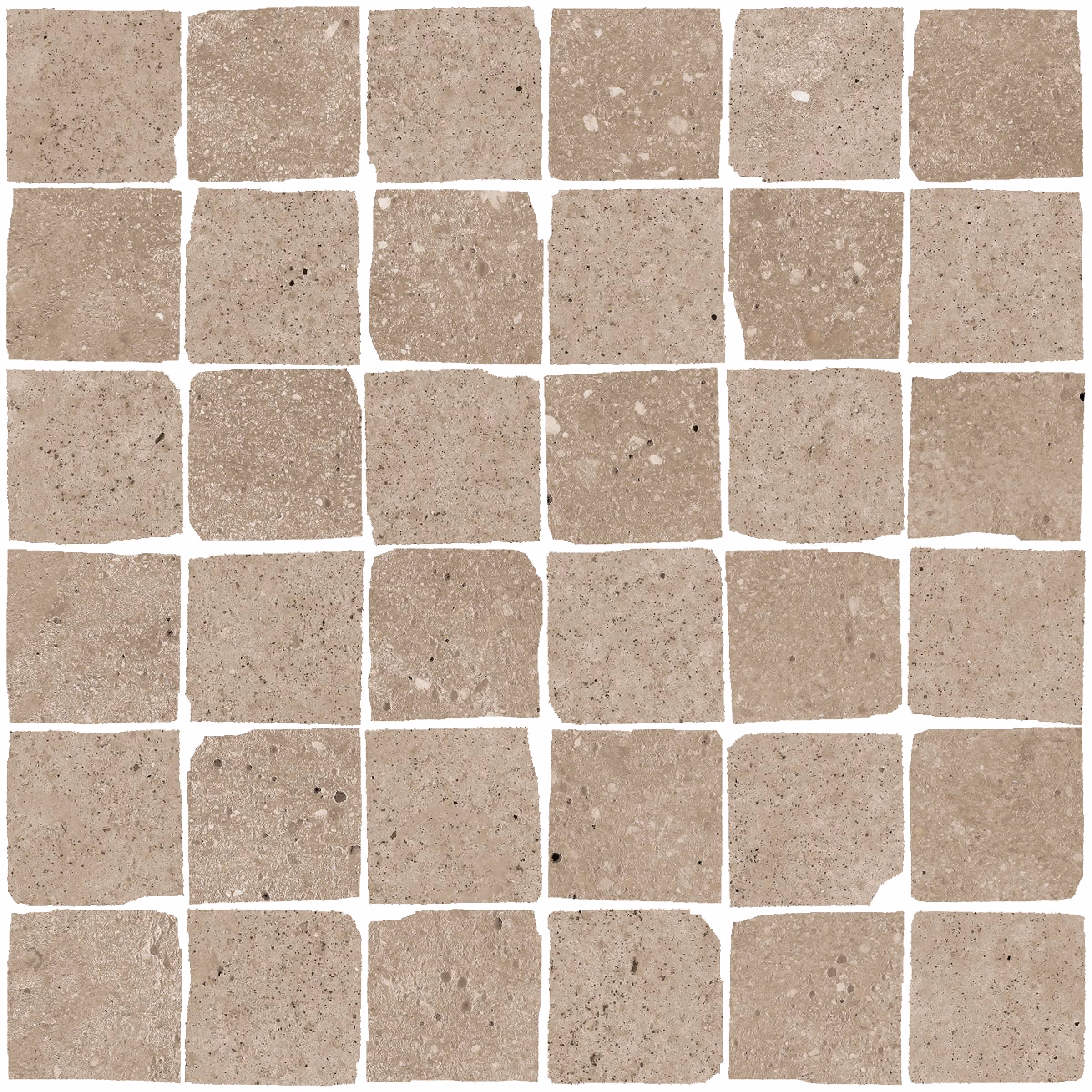 Beige stone tile mosaic with six rows and six columns of rough square tiles.
