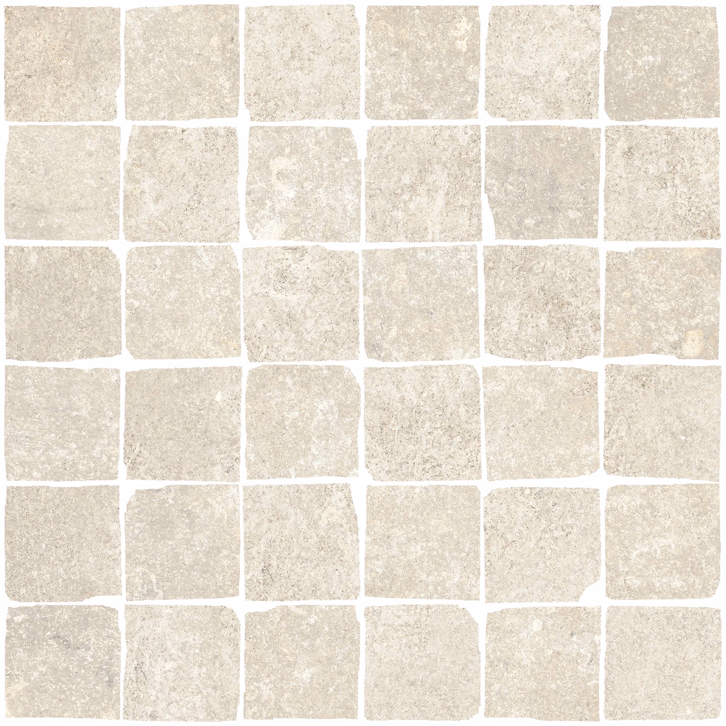 Square beige stone tiles arranged in a grid pattern with slight texture variations and gaps.
