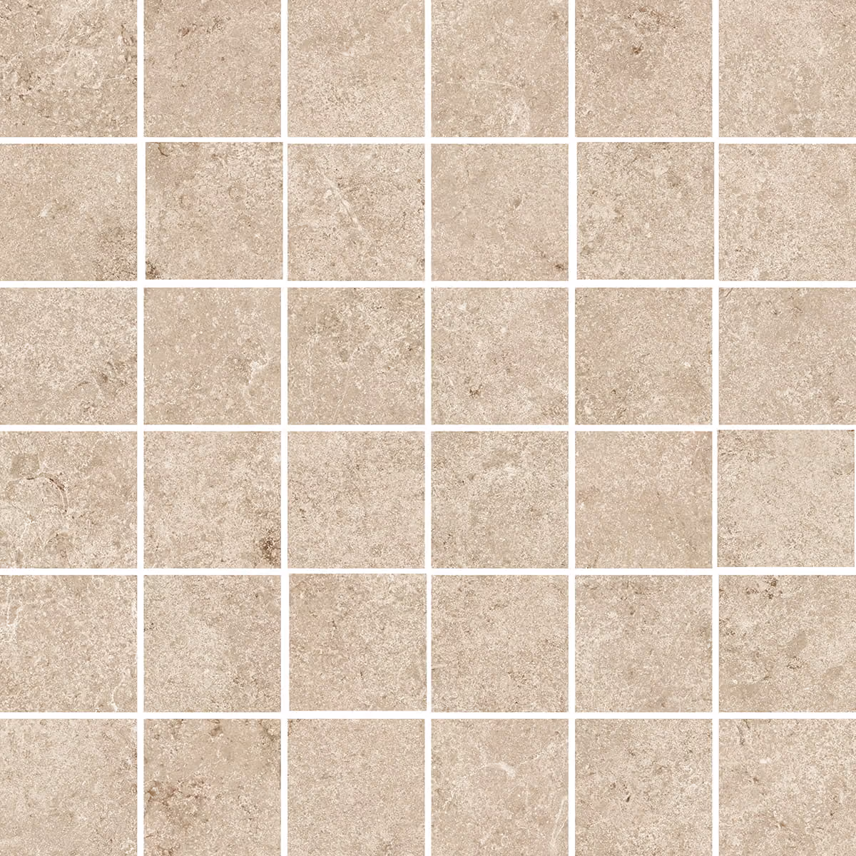 Grid layout of beige textured stone tiles with narrow white grout lines.