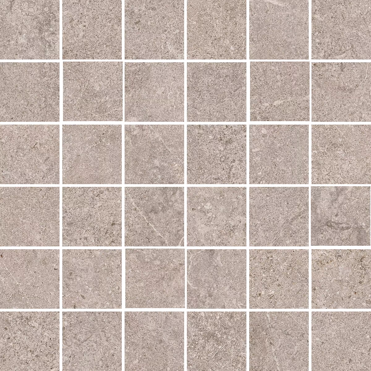 Grid of square grey stone tiles with natural texture and white grout lines between them.