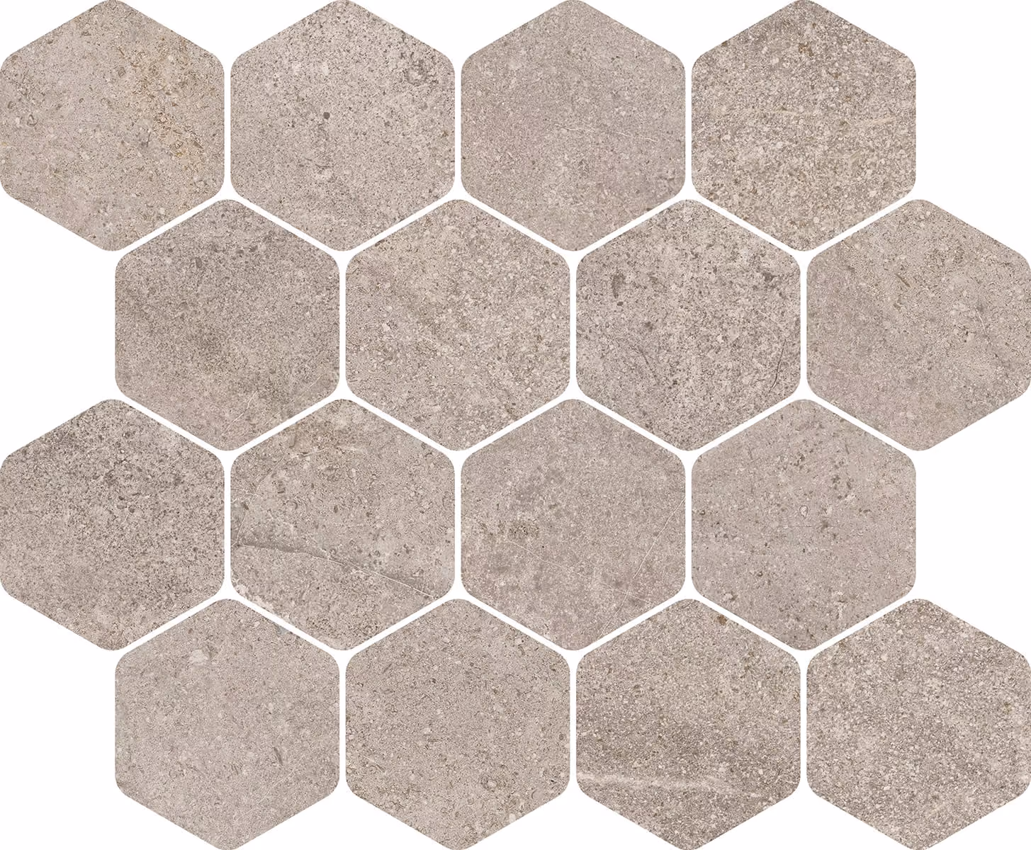 Gray hexagonal stone tiles with varied texture arranged closely on a white background.