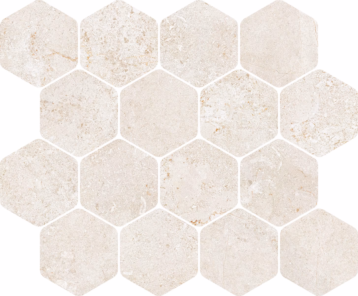 Pattern of beige stone hexagonal tiles with natural texture and subtle color variations.