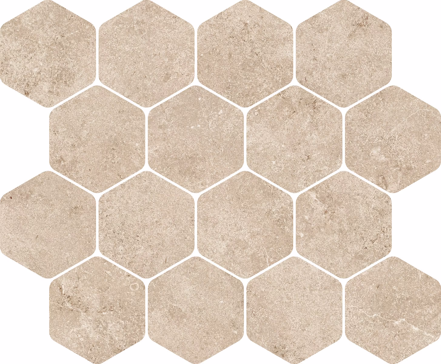 Pattern of beige hexagonal stone tiles arranged with small gaps between each tile.