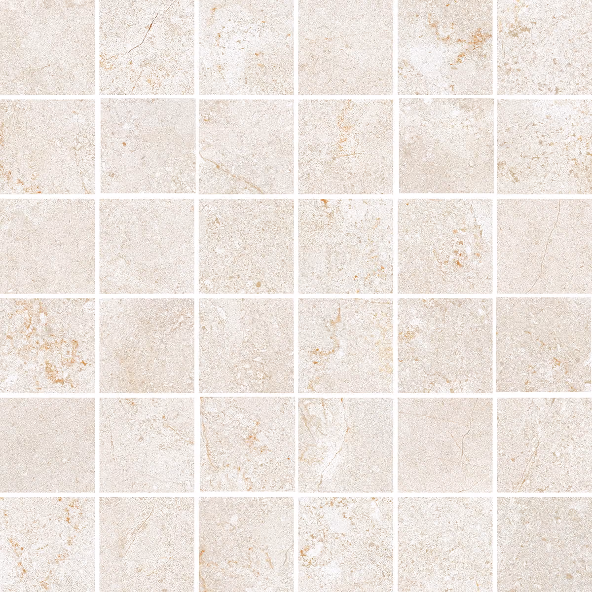 Grid of beige mosaic tiles with subtle texture and small brown and gray specks.