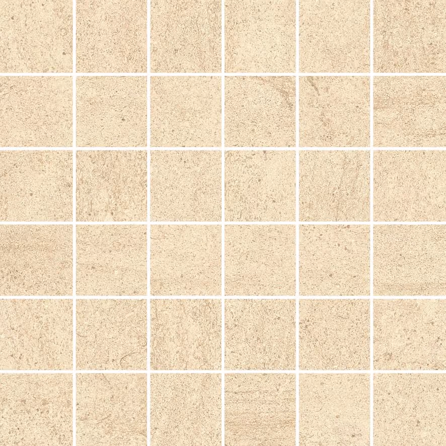Grid of beige square mosaic tiles with subtle textured patterns and white grout lines.