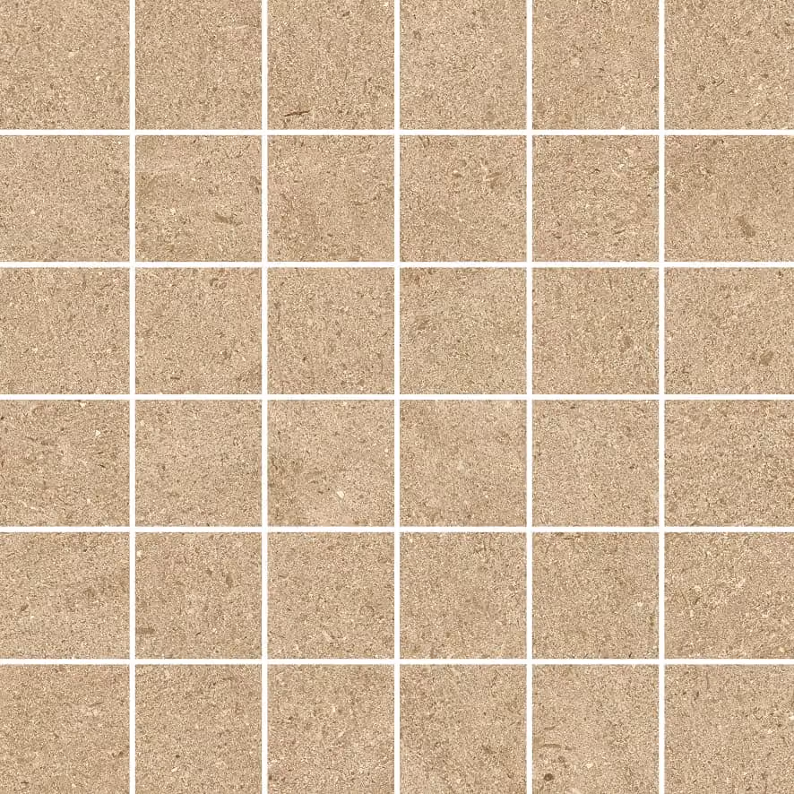Close-up of beige square stone tiles arranged in a grid pattern with white grout lines.
