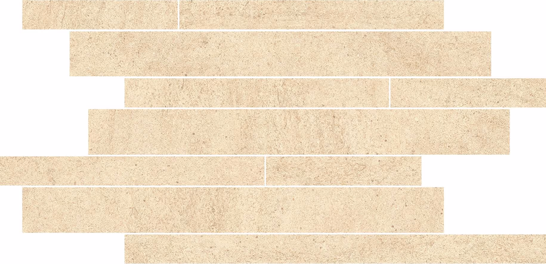 Beige textured rectangular stone tiles arranged in a staggered horizontal pattern on white background.