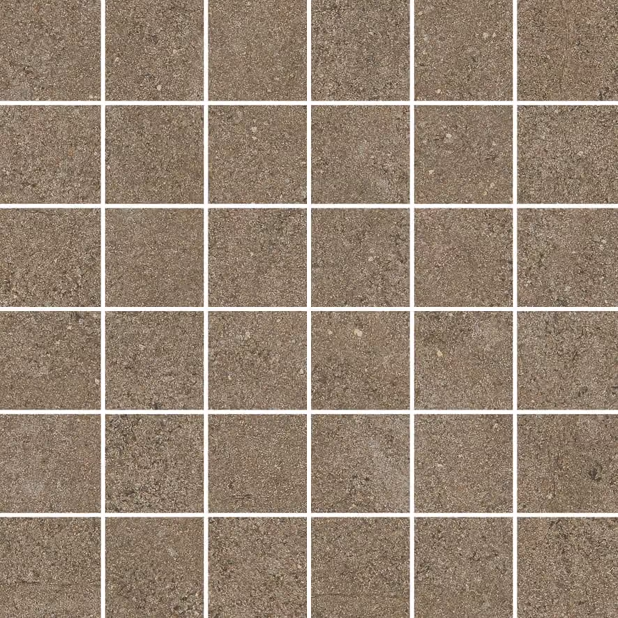 Square brown stone tiles arranged in a grid with white grout lines.