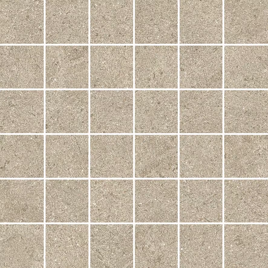 Grid of gray-beige square stone tiles with a rough texture and visible grout lines.