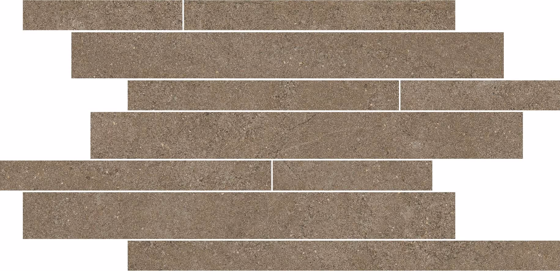 Rectangular brown stone tiles arranged in a staggered brick pattern on white background.