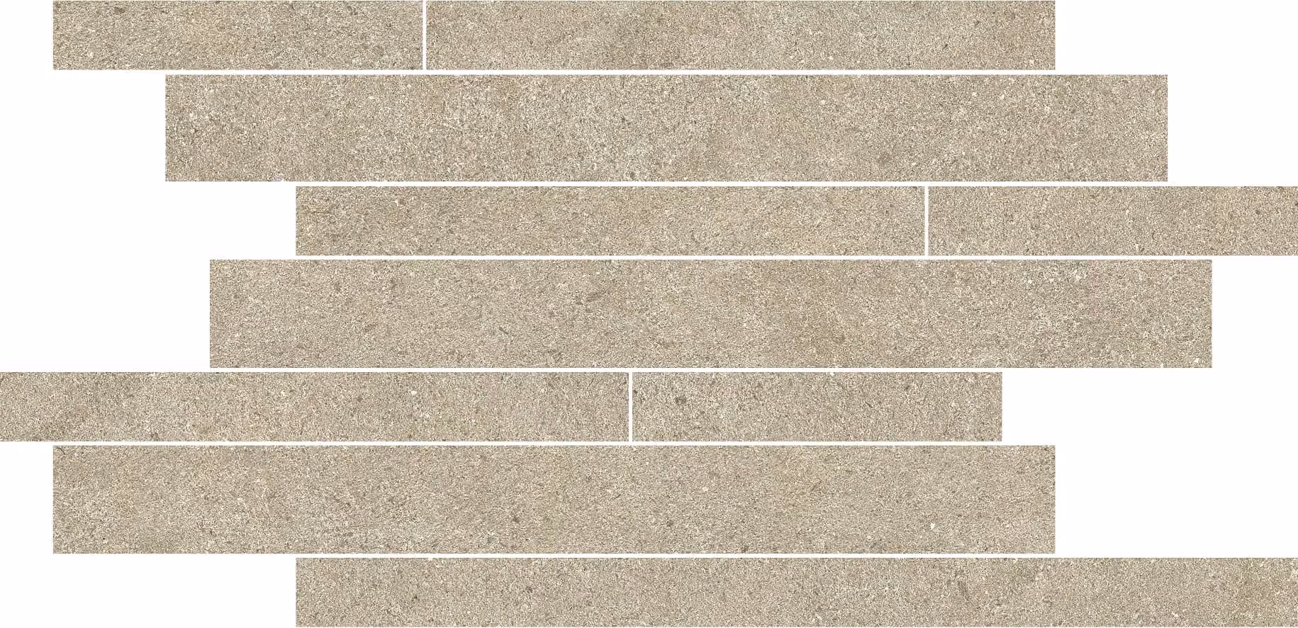 Beige textured rectangular stone tiles arranged in a staggered brick pattern on a white background.