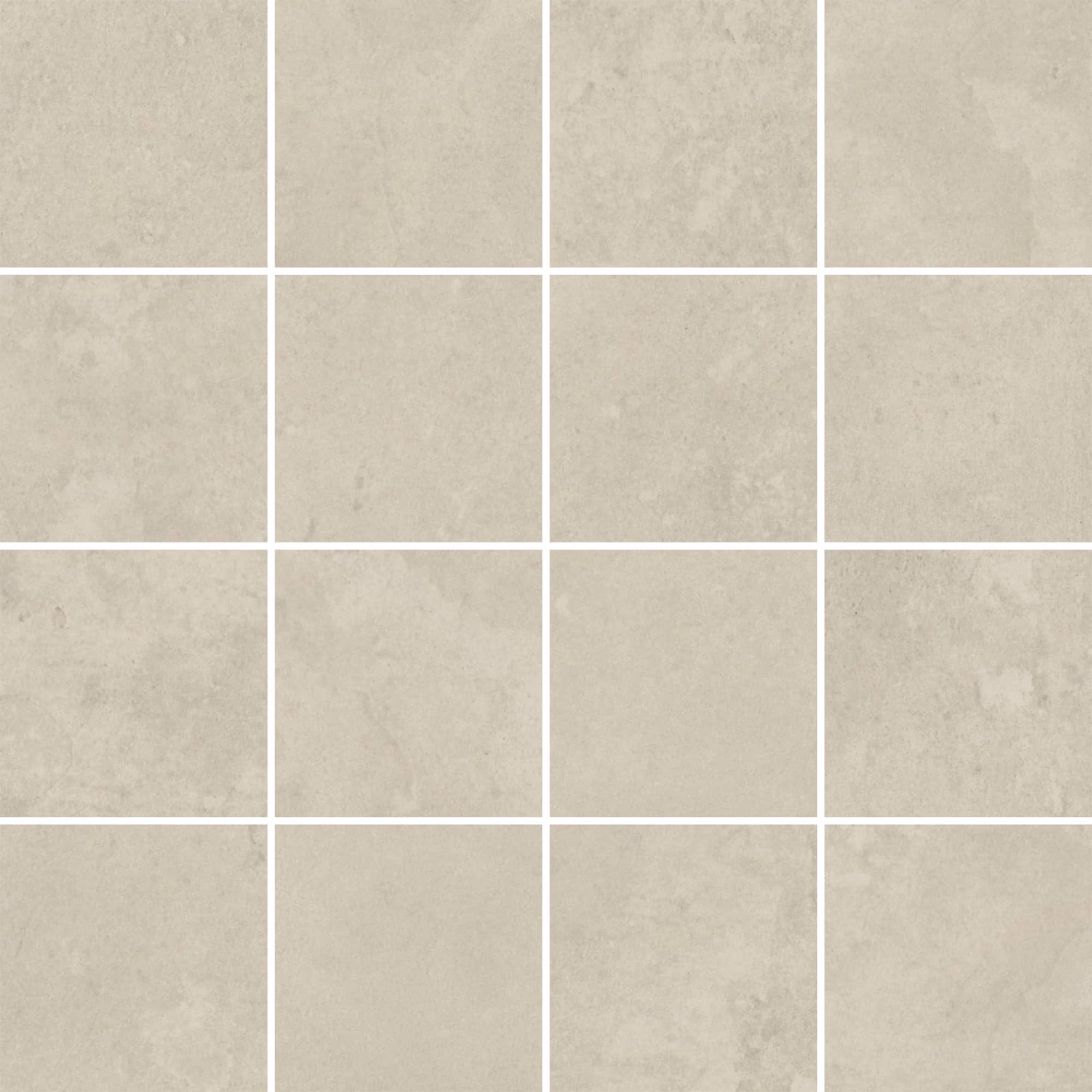 Grid of 16 light grey square tiles with subtle texture arranged in a 4 by 4 mosaic pattern.