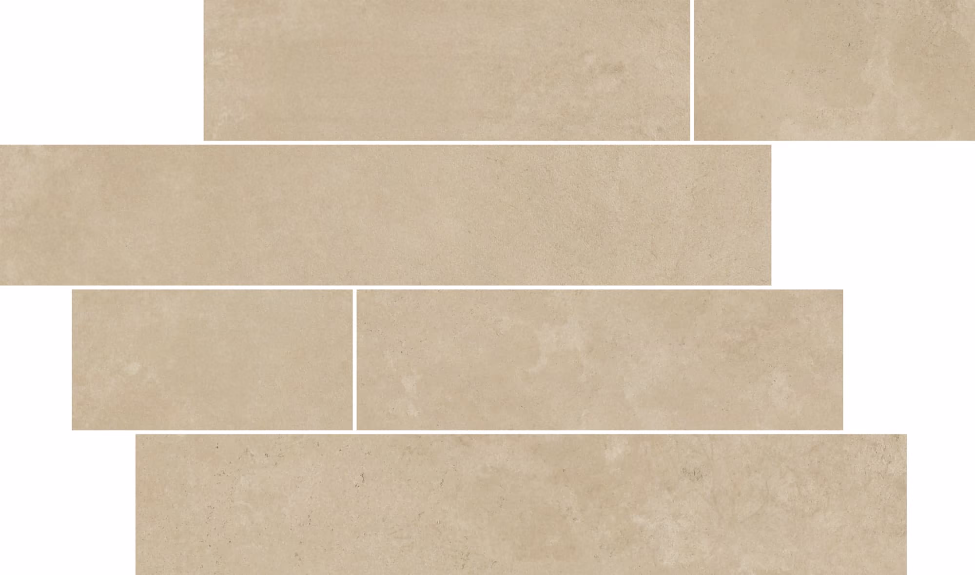 Beige rectangular stone tiles arranged staggered on a white background.