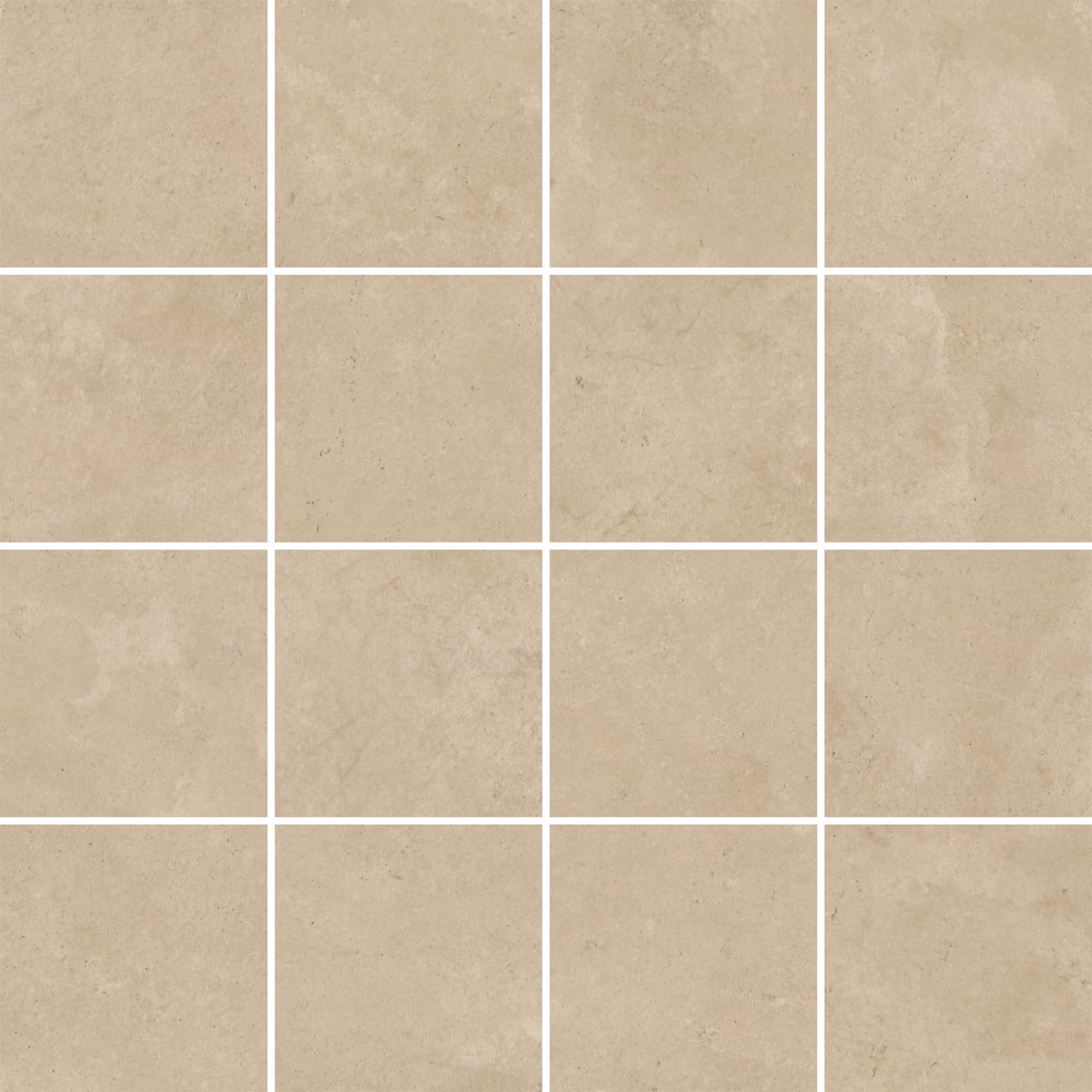 Grid of beige stone tiles with subtle texture arranged in a four-by-four pattern.