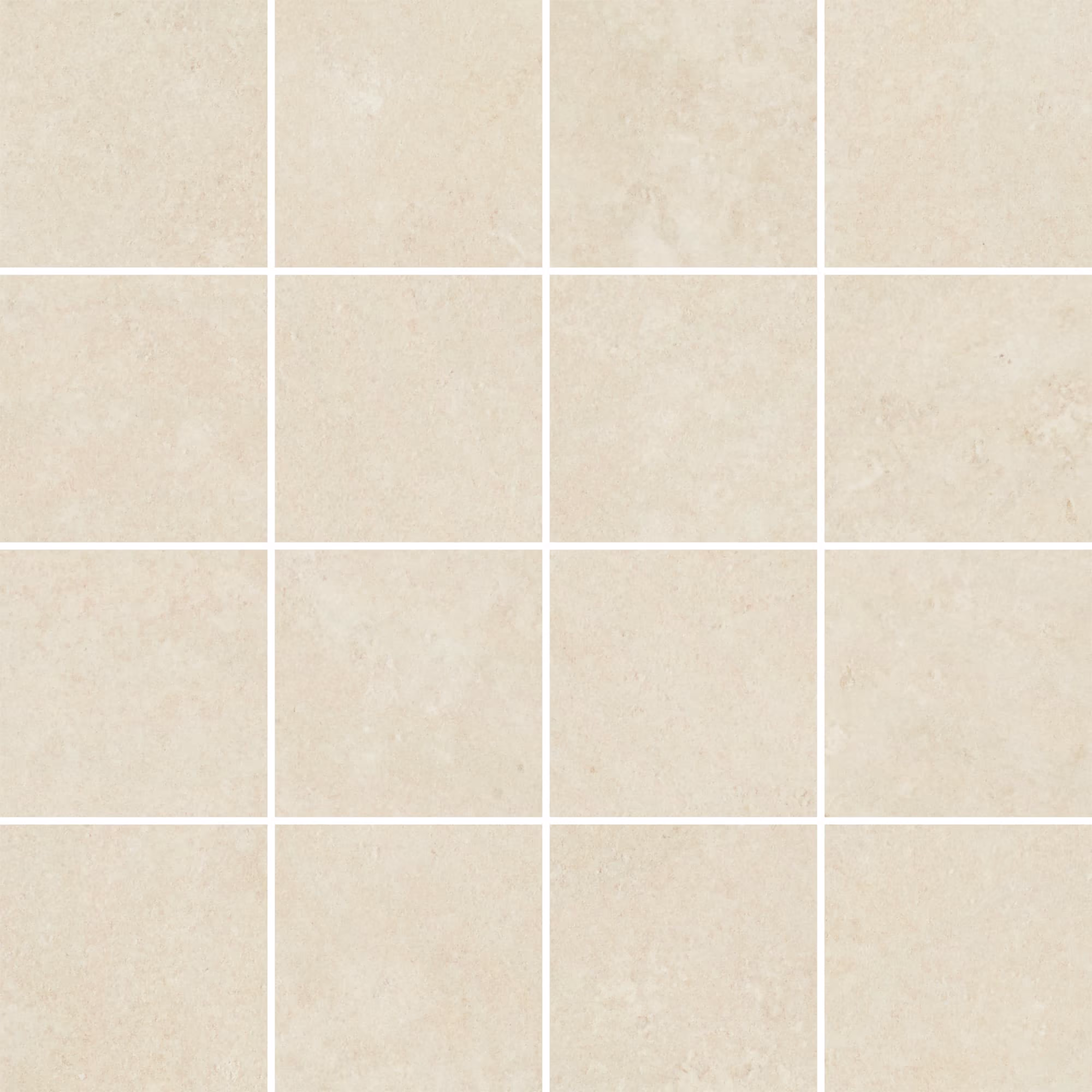 Grid of beige ceramic tiles with subtle texture and white grout lines.
