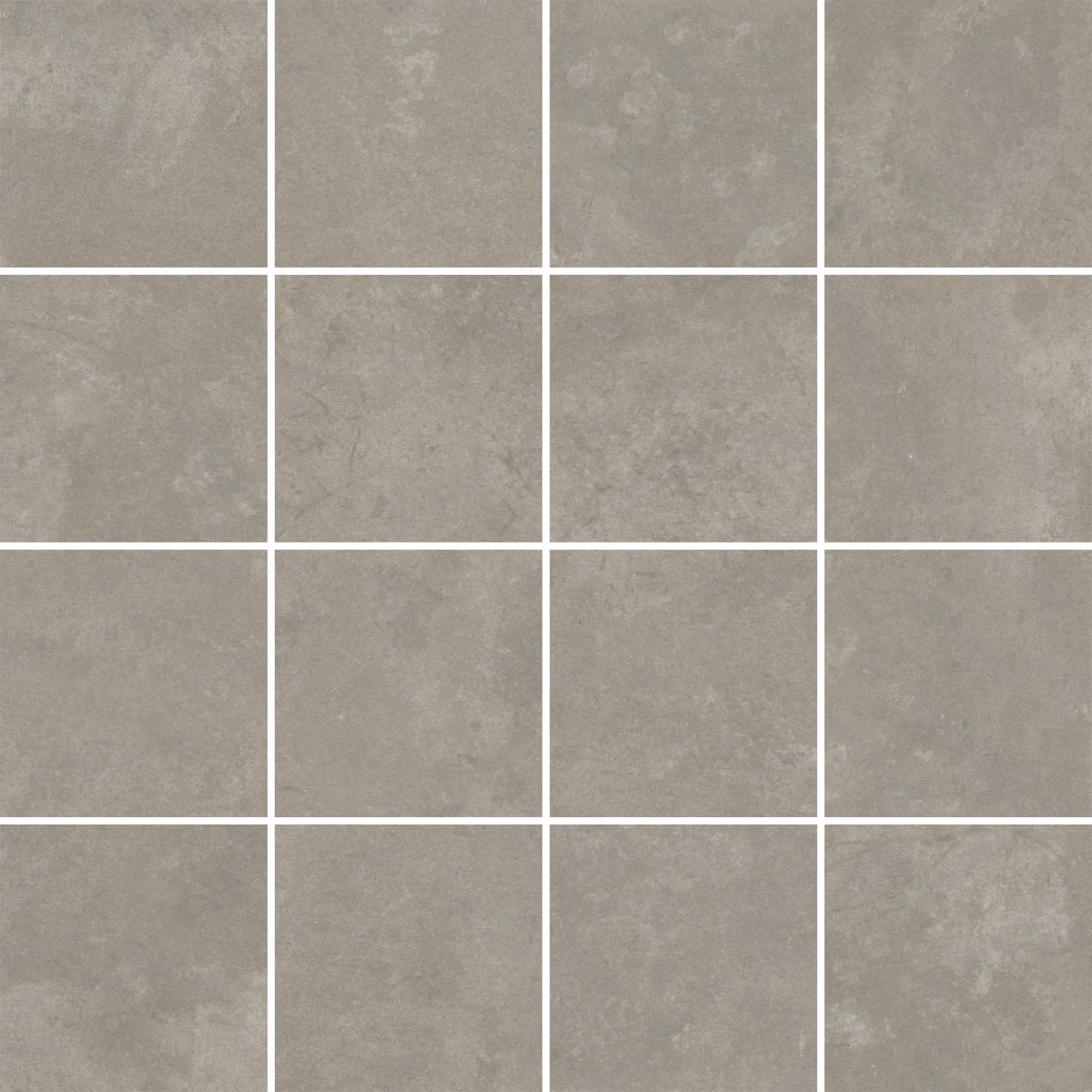 Grey ceramic floor tiles arranged in a 4x4 grid with subtle varied texture.
