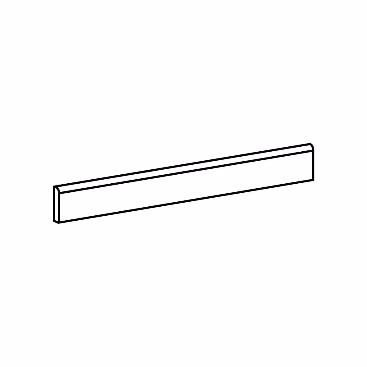Simple black line drawing of a rectangular skirting board with slightly rounded top edges.
