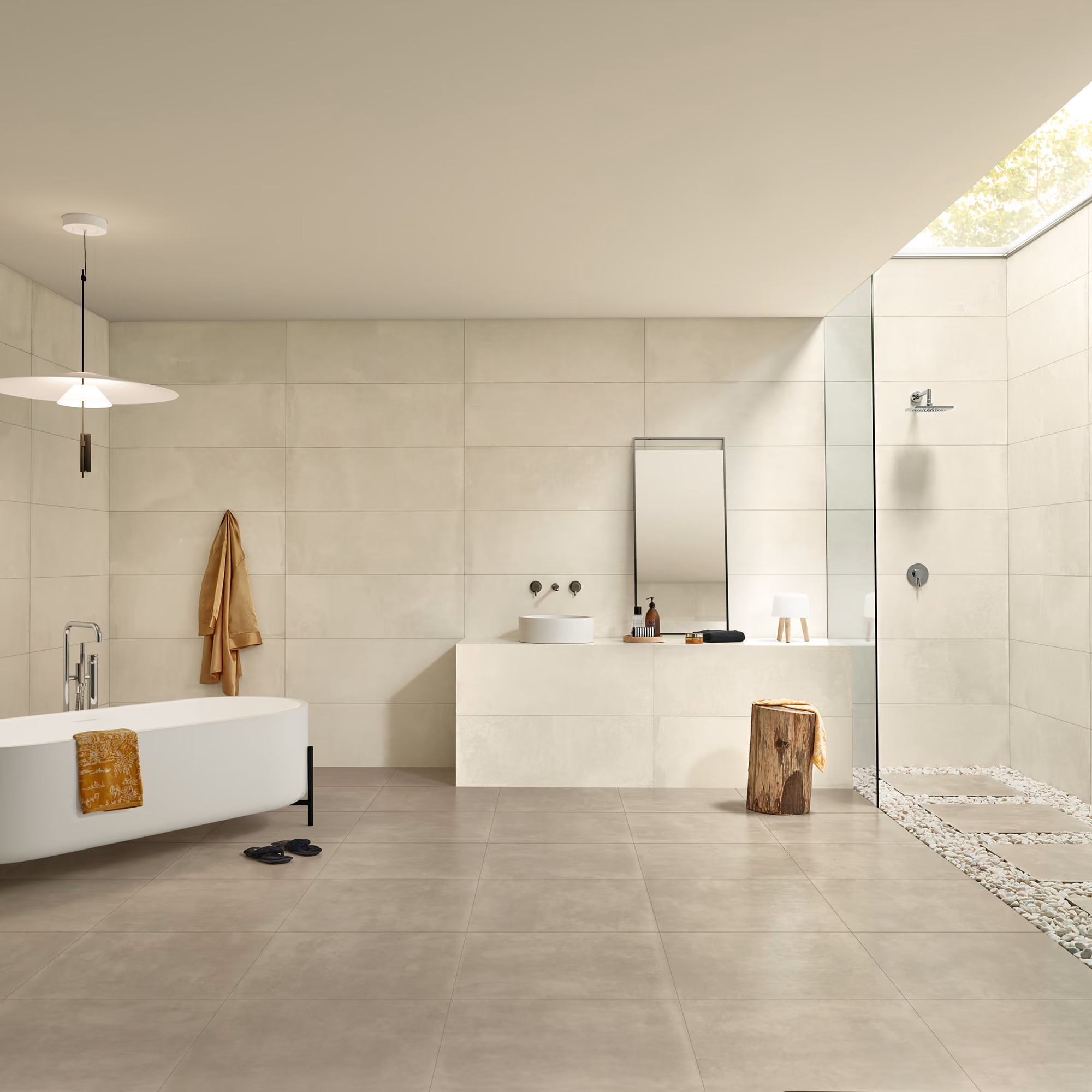 Spacious modern bathroom with freestanding tub, walk-in shower, wood stool, and large floor tiles.