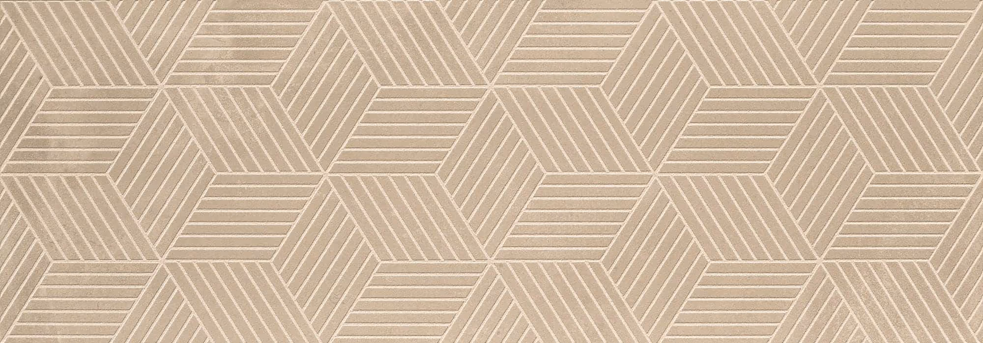 Beige geometric pattern with hexagons made of diagonal lines creating a 3D cube effect.