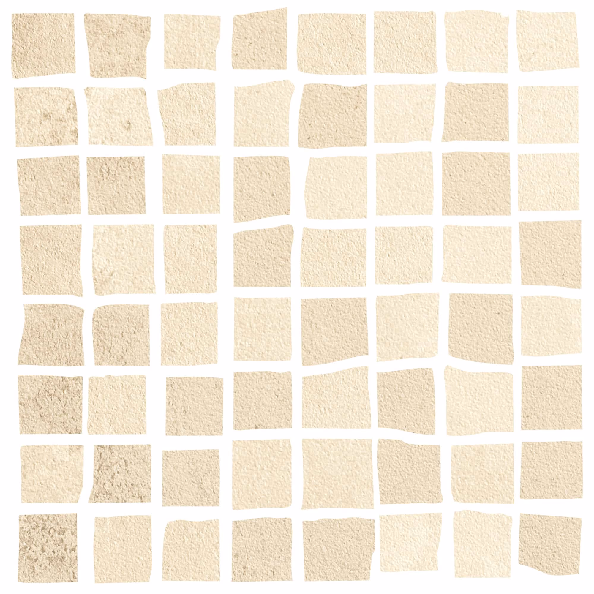 Beige mosaic tile pattern with irregular square shapes and textured surfaces.