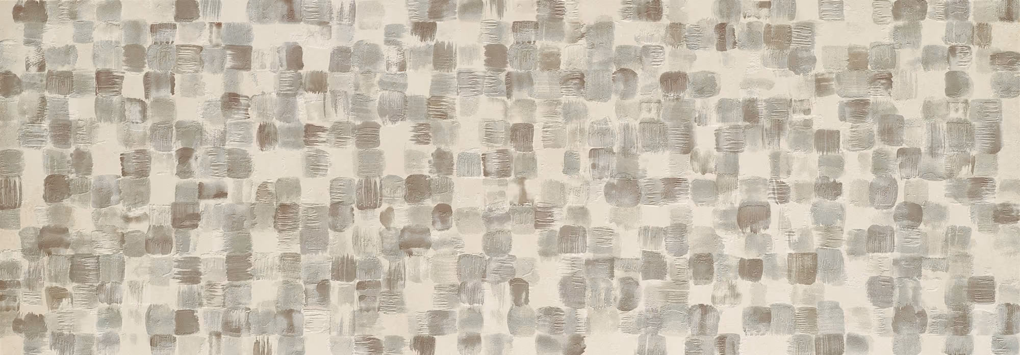 Abstract painting of overlapping beige and gray brushstrokes forming a textured pattern.