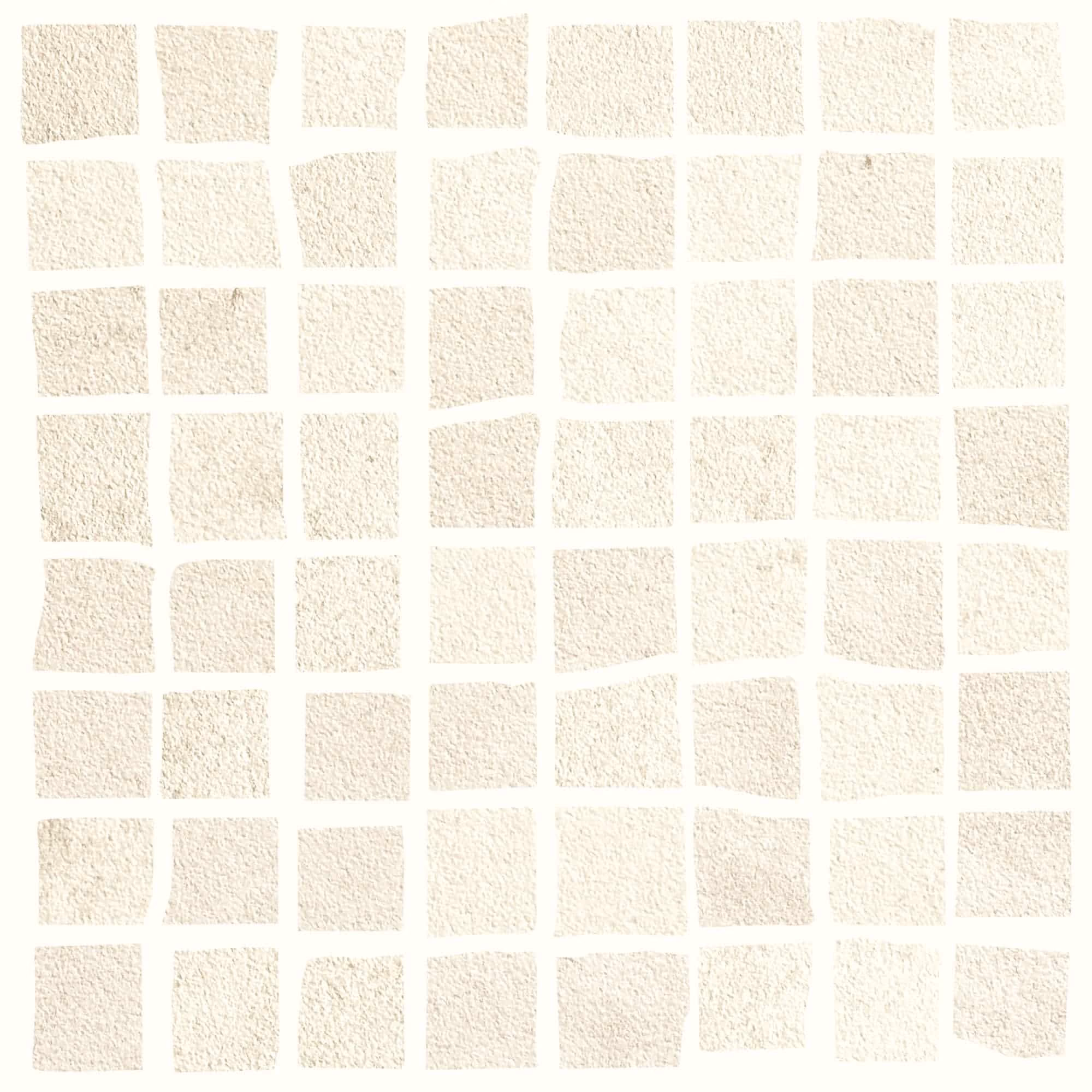 Mosaic pattern of uneven, off-white textured square tiles arranged in rows and columns.
